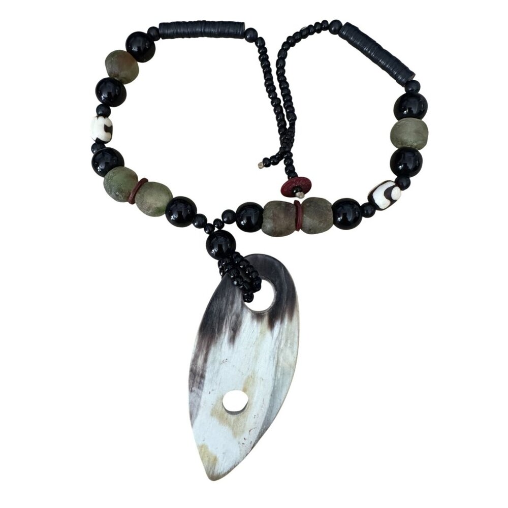Ethnic Tribal Prehnite & Tagua Nut Beaded Necklace With Glass Accents - Picture 5 of 8